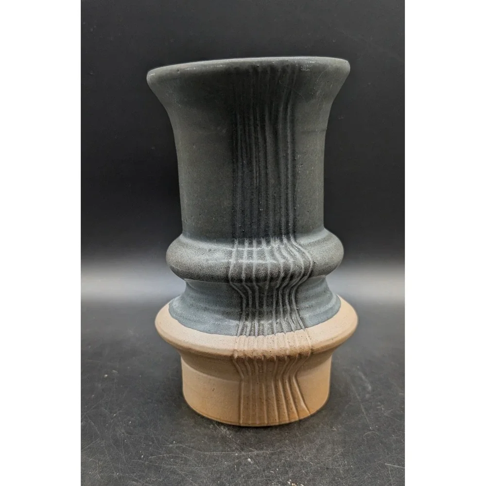 Signed Studio Pottery Brutalist Stoneware Vase Gray Sand Architectural 2022 7